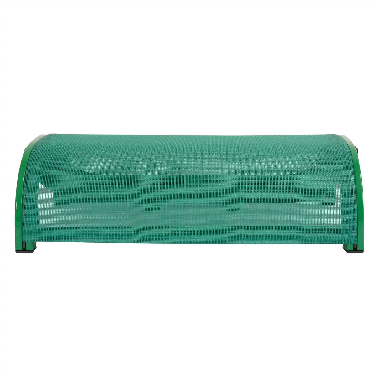 Green mesh boat seat with curved backrest and sturdy end brackets, front view.