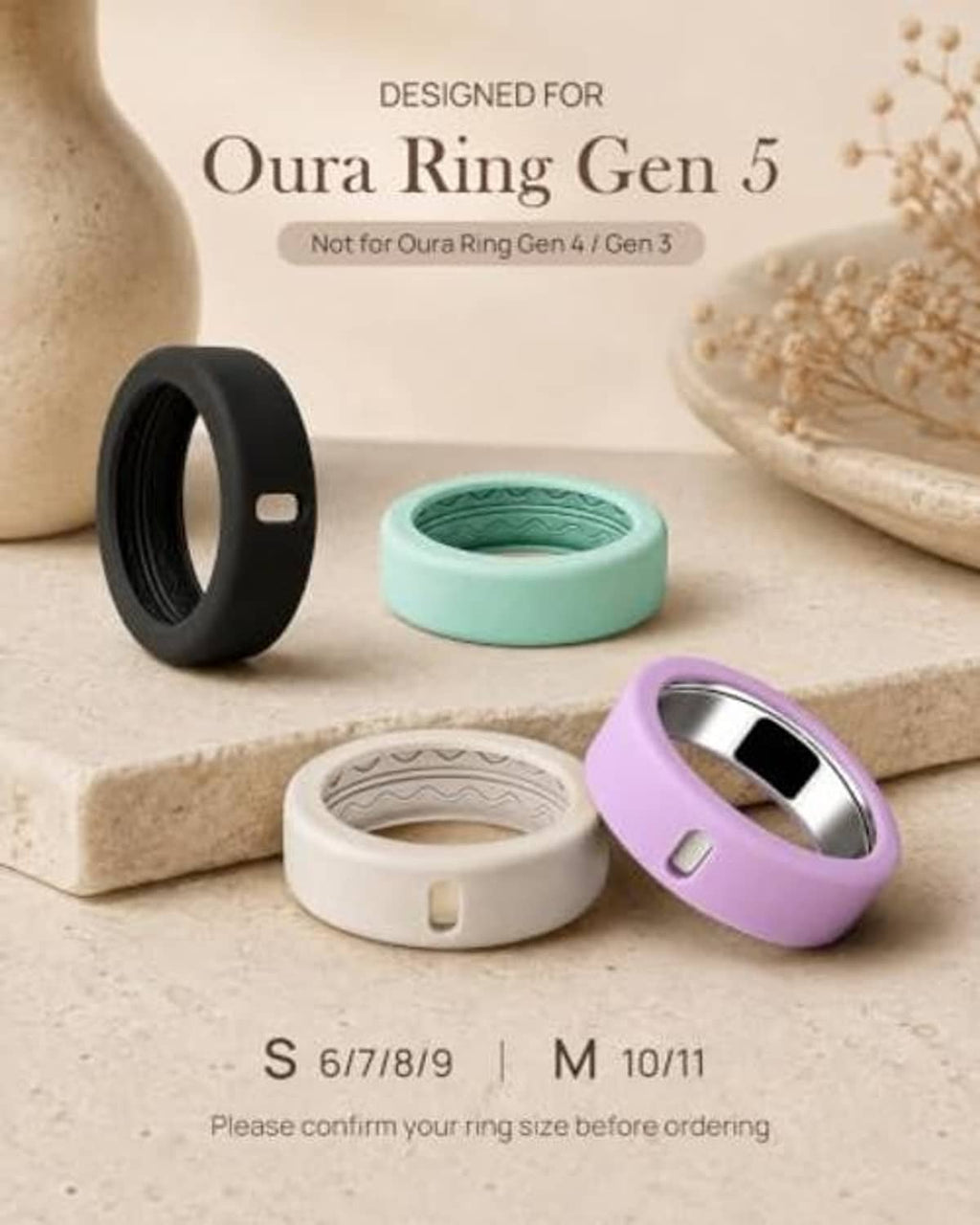 Oura Ring Gen 5 silicone ring covers, S size, shown in black, teal, white, purple