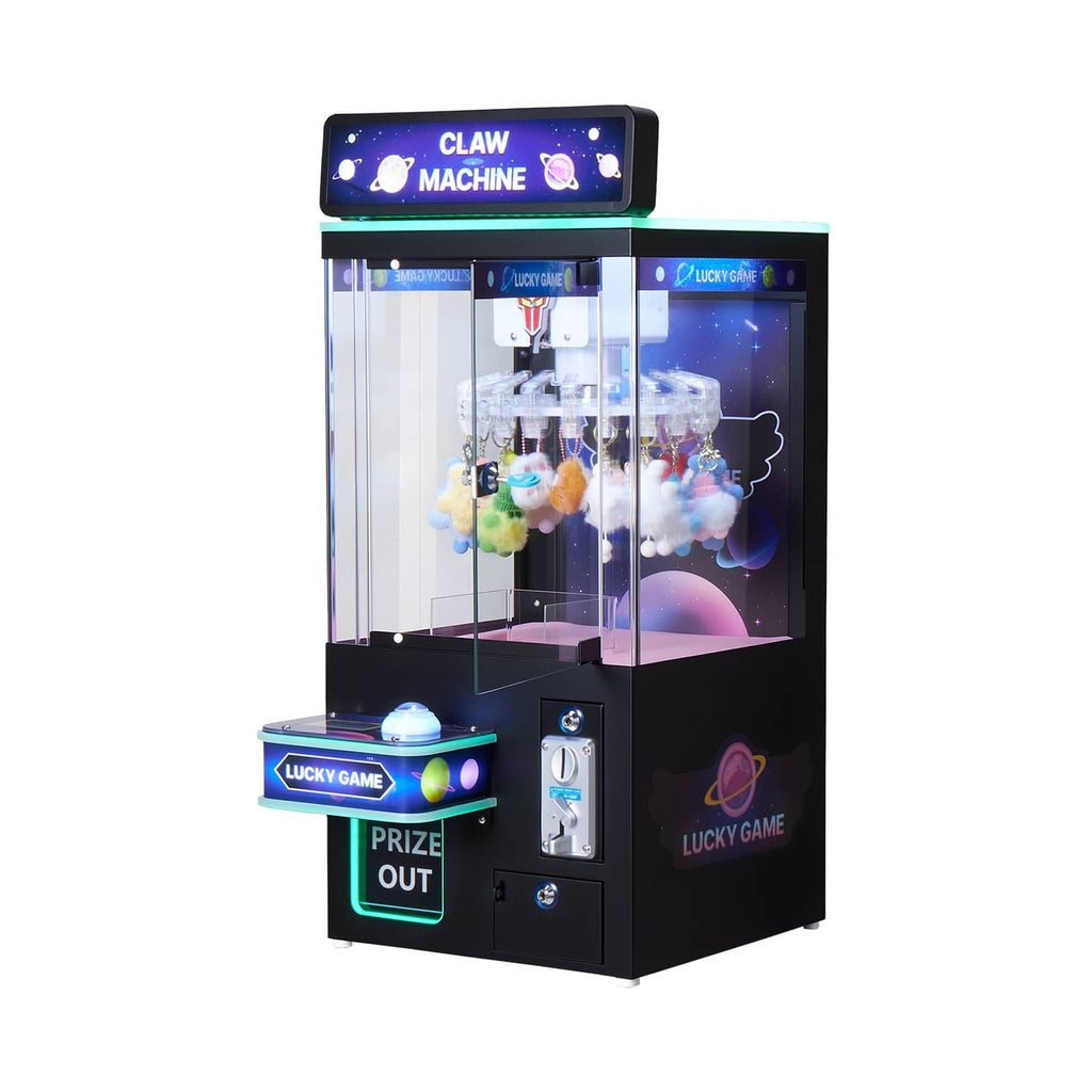 Uimoso claw crane arcade game machine with clear prize chamber and glowing base