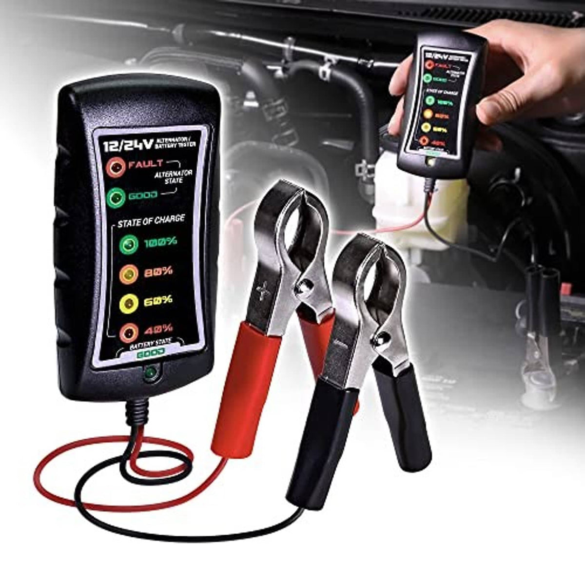 12/24V battery and alternator tester held with attached red and black clamp leads