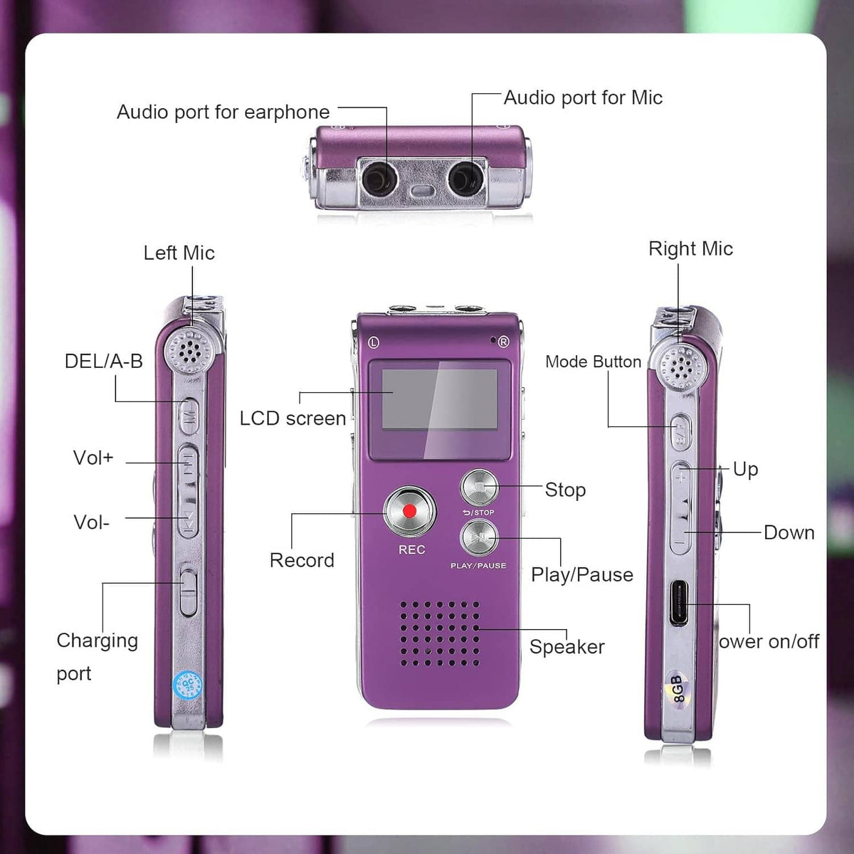 Purple handheld audio recorder with LCD screen, speaker grille, and mic ports