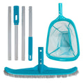 Pool maintenance kit with blue leaf skimmer net, corner brush, and three extension poles