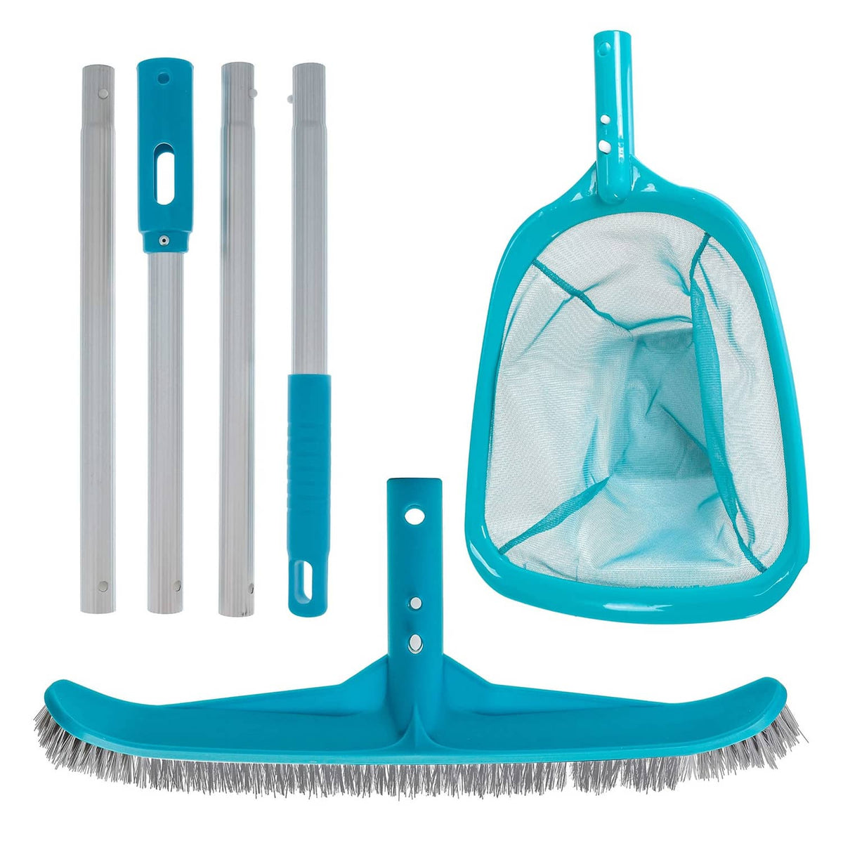 Pool maintenance kit with blue leaf skimmer net, corner brush, and three extension poles