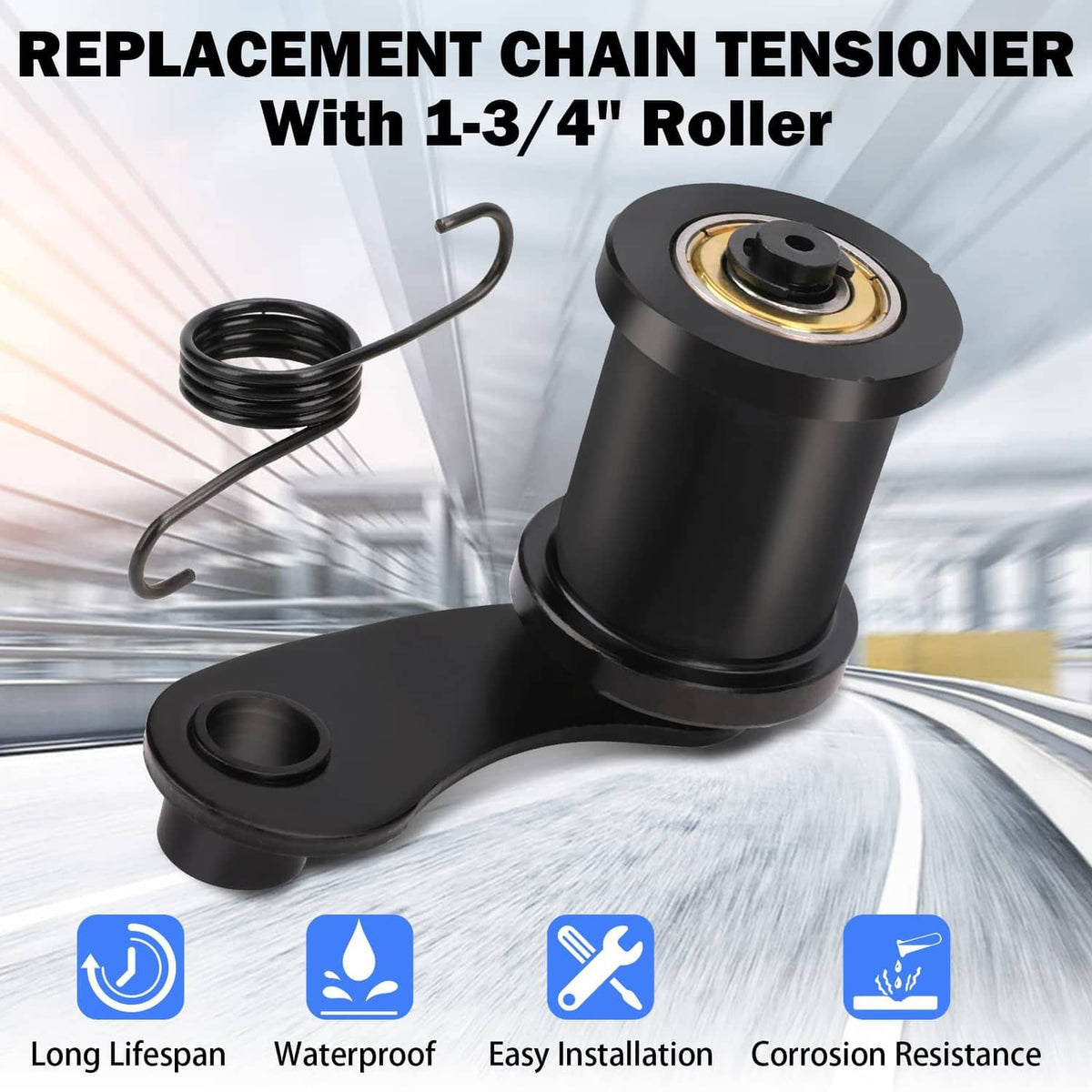 Black replacement chain tensioner with roller and coil spring