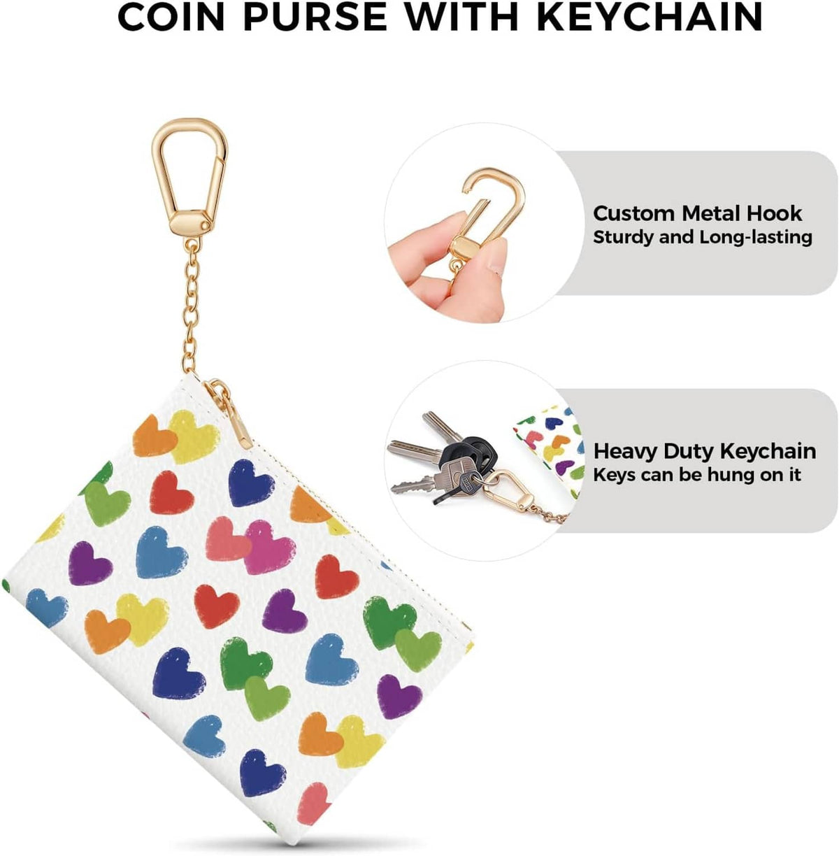 Heart-pattern coin purse with keychain and metal hook, with sturdy long zipper.