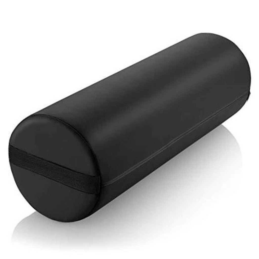 Black round massage table bolster pillow pad with smooth cover and curved ends
