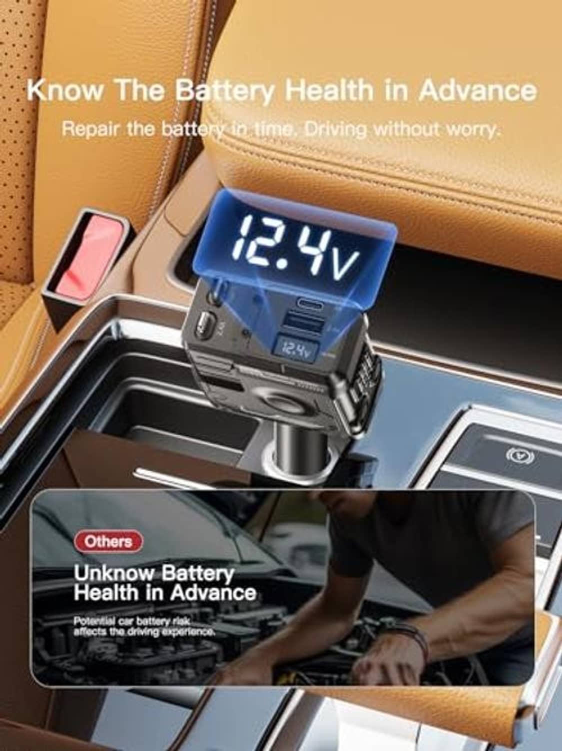 Retractable car phone charger showing 12.4V LED display and multiple charging ports