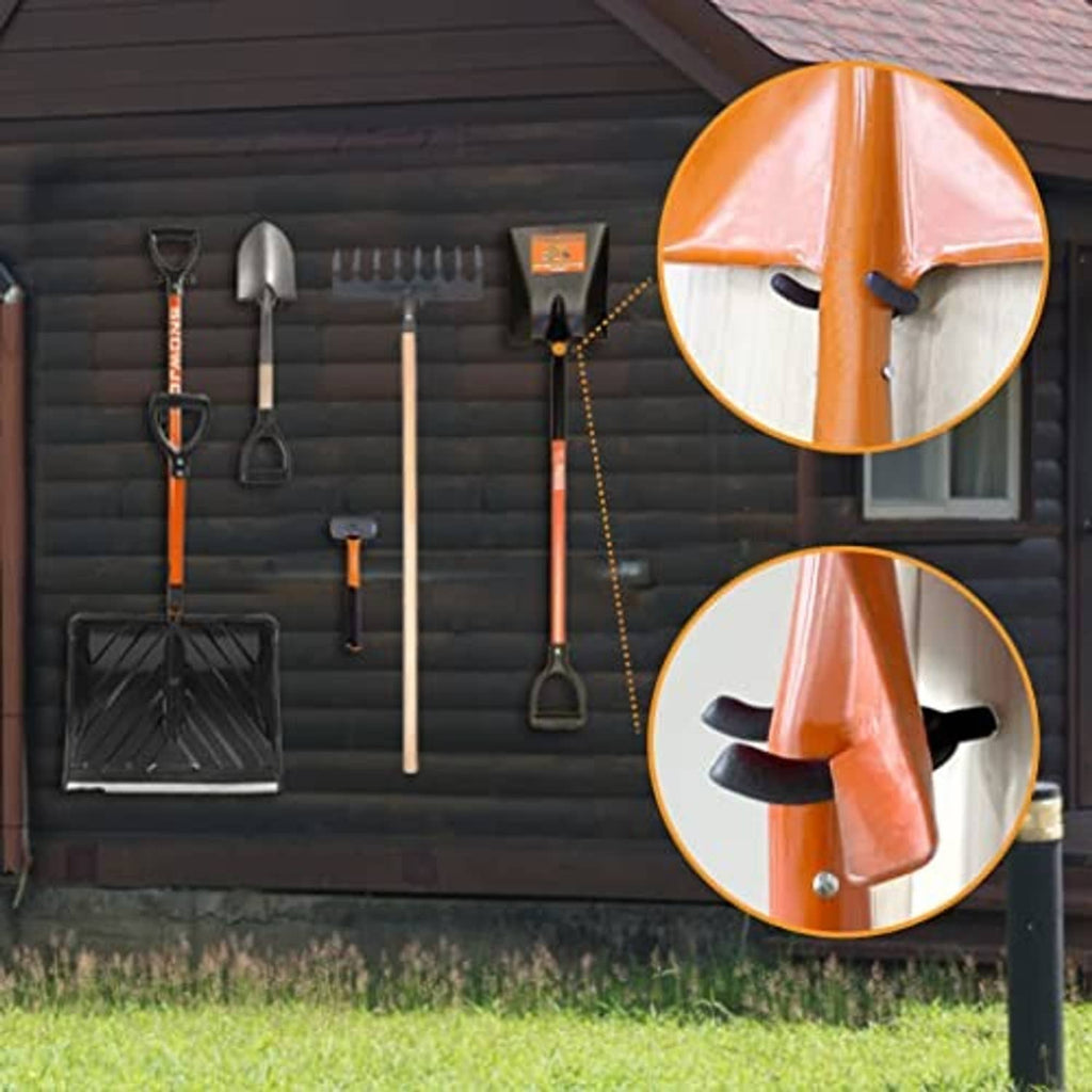 Outdoor wall organizers using black vinyl-coated U hooks with metal screw bases.