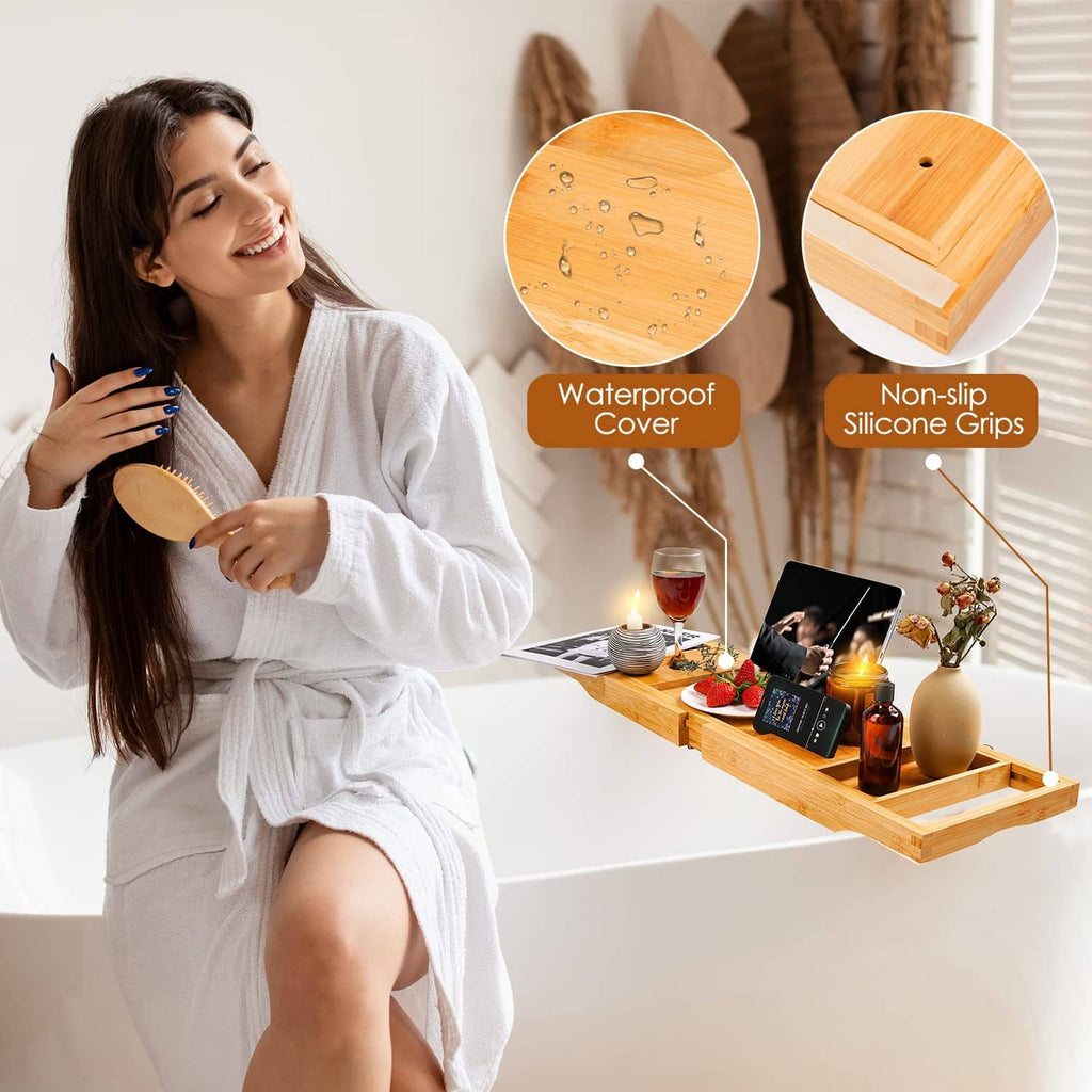 Beige bamboo bath caddy tray with waterproof cover and non-slip silicone grip detail