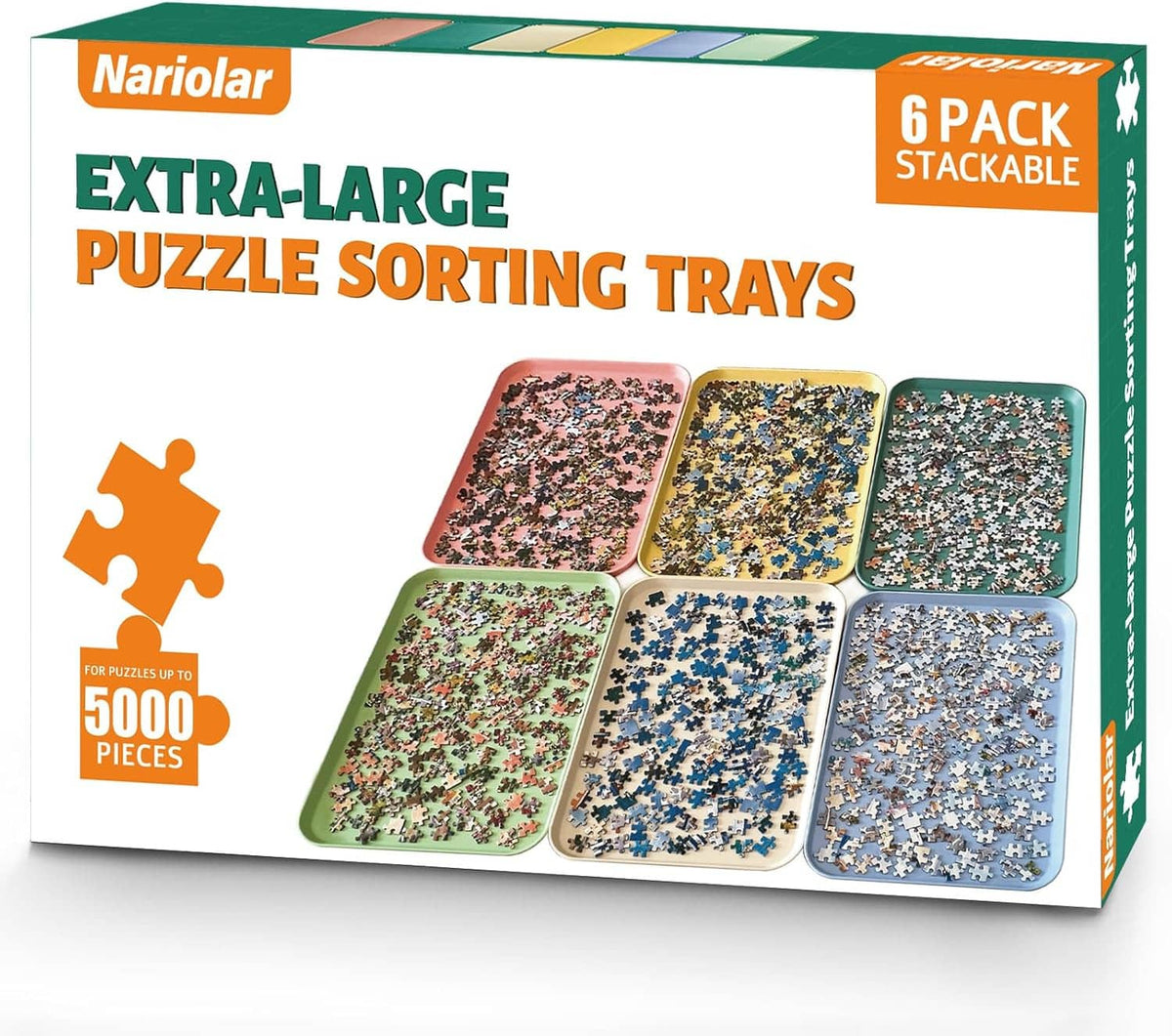 Extra-large puzzle sorting trays, 6-pack stackable, with six tray designs shown on box
