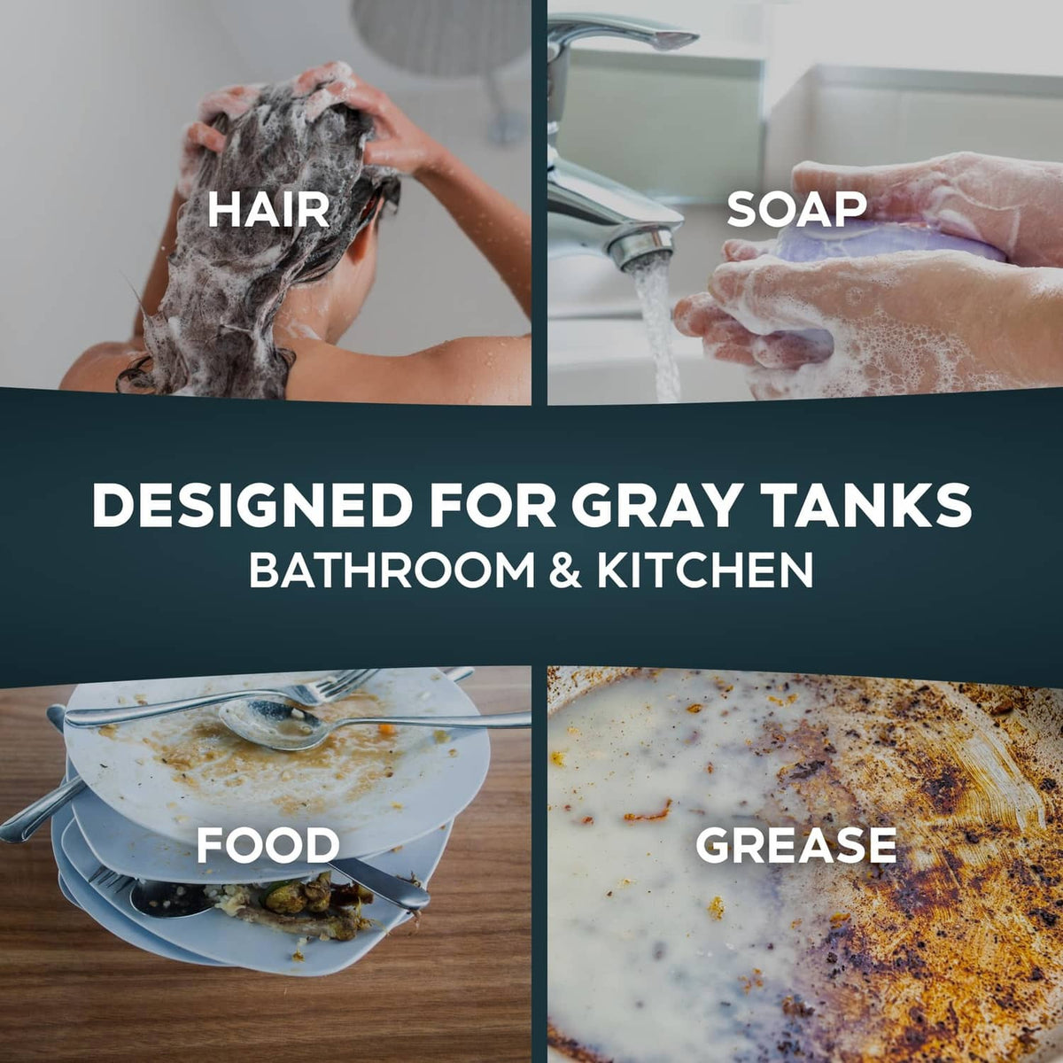 Gray tank treatment promotional graphic showing hair, soap, food, and grease cleaning use