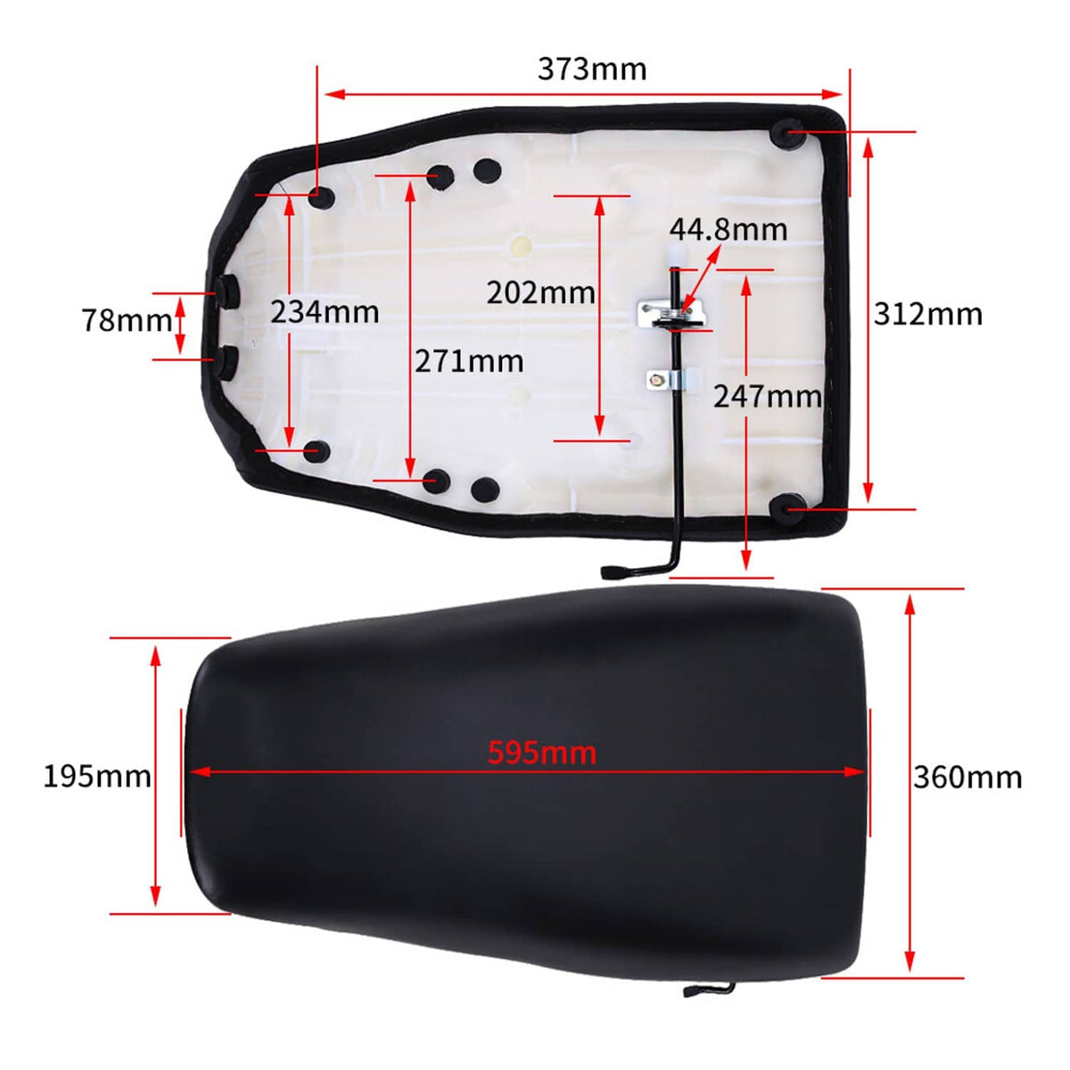Black ATV seat cover with size measurements and mounting hardware diagram