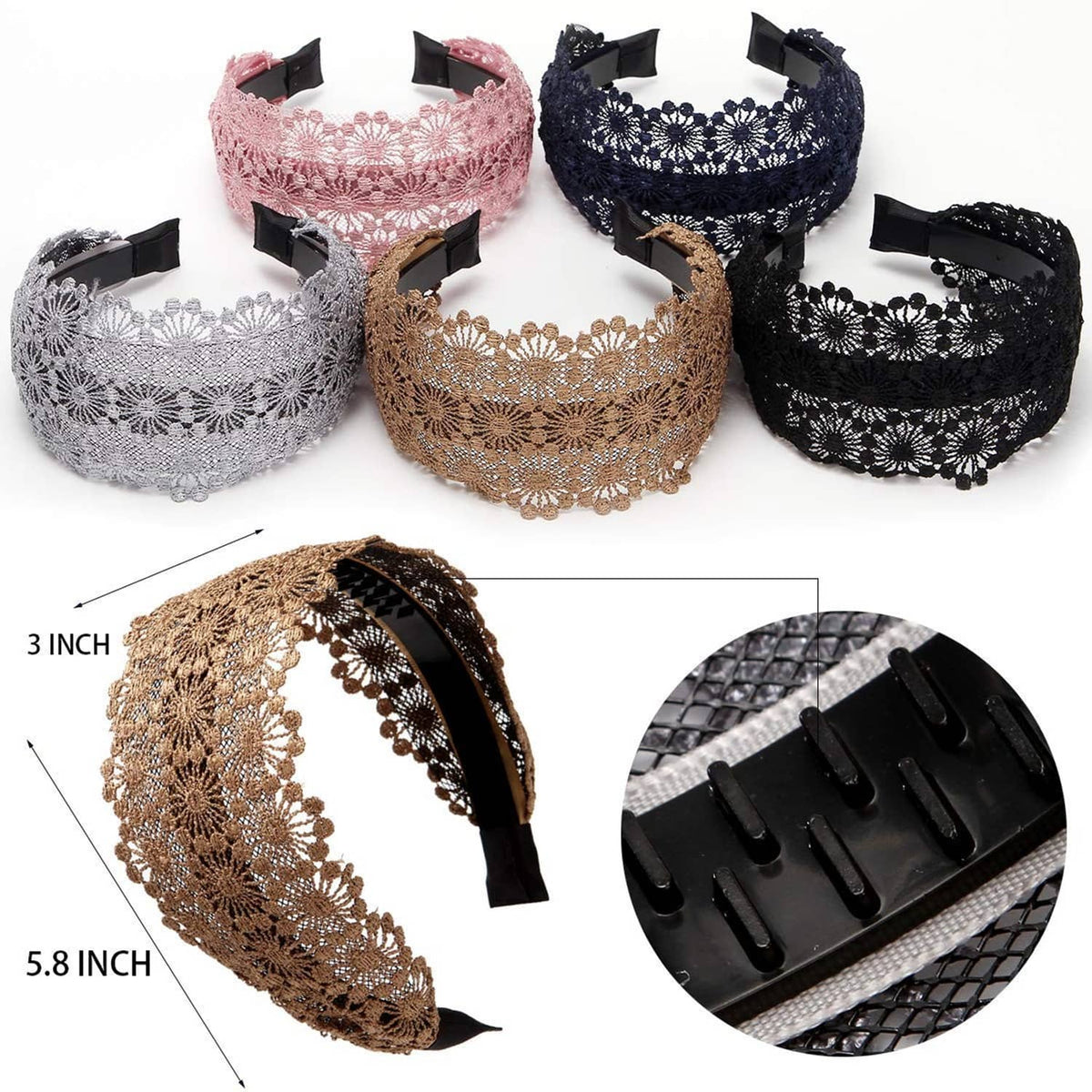 Lace headband set with black non-slip grips; shows size markings and tan and navy bands