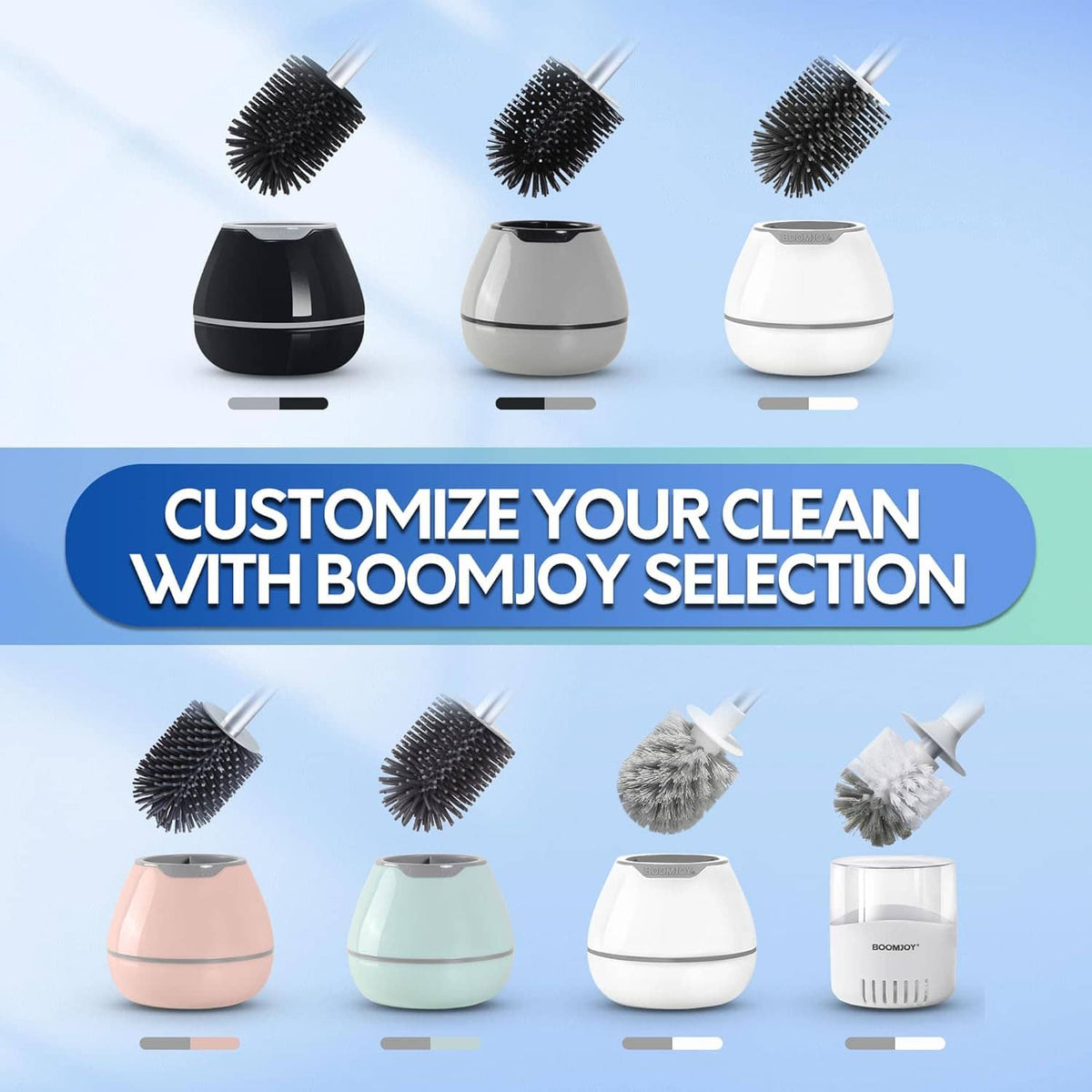 Toilet brush heads with interchangeable holders in black, gray, and white colors