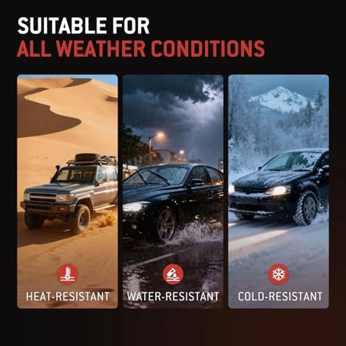 Camshaft position sensor all-weather durability graphic with heat, water, and cold icons