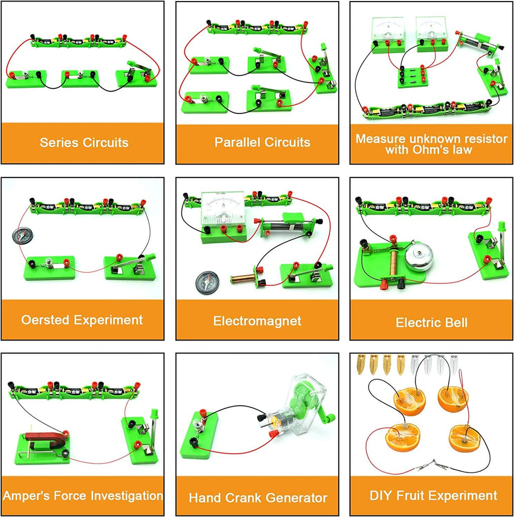 Electricity and magnetism circuit experiment setups with green components and labels