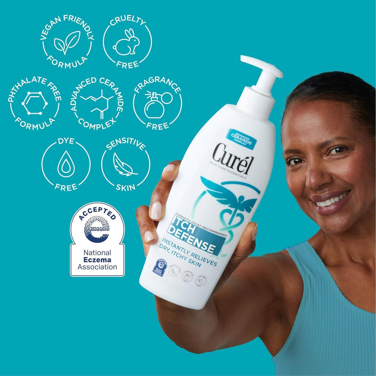 Itch Defense lotion bottle held by smiling person with vegan and fragrance-free icons