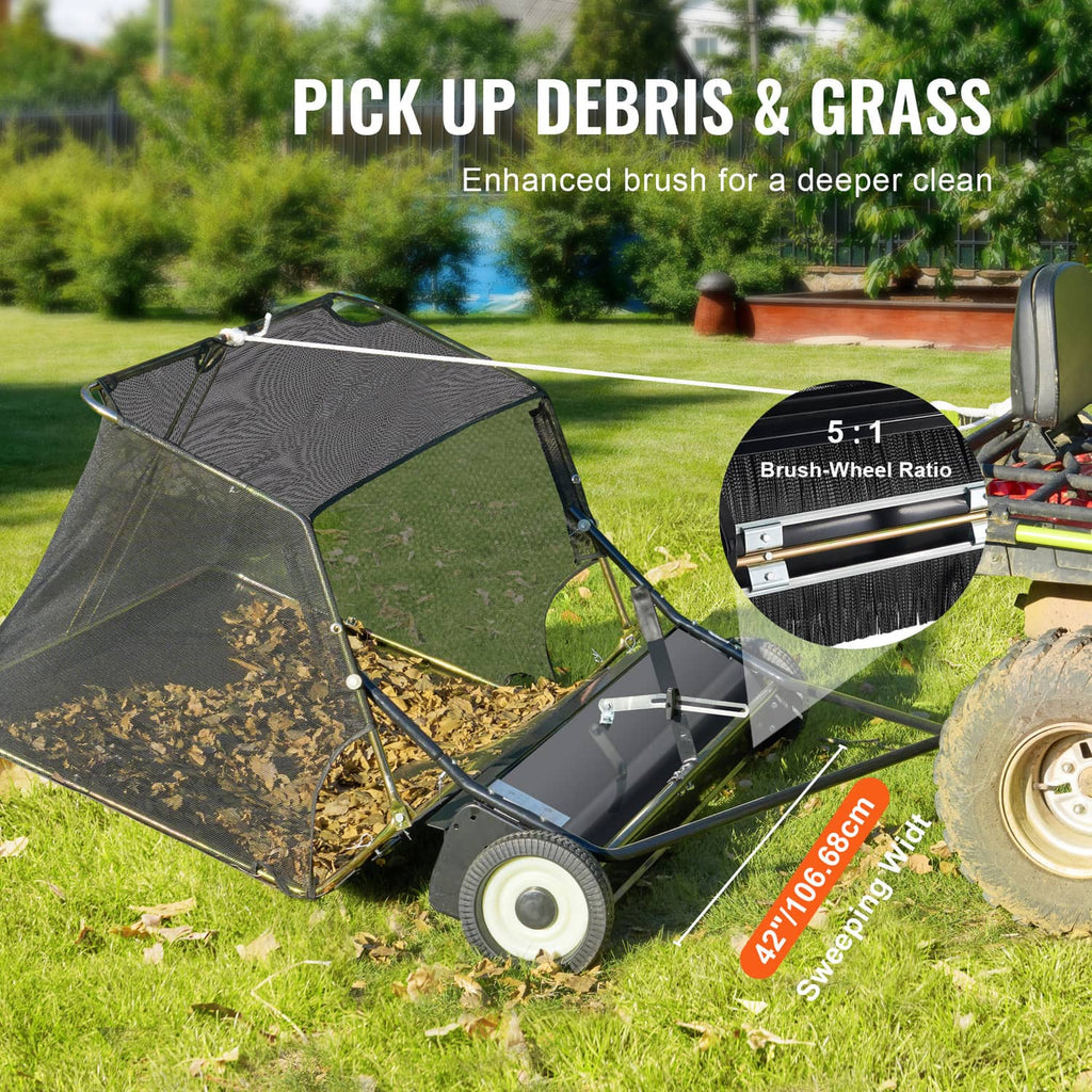 Tow-behind lawn sweeper front brush area with wide sweeping deck and mesh hopper