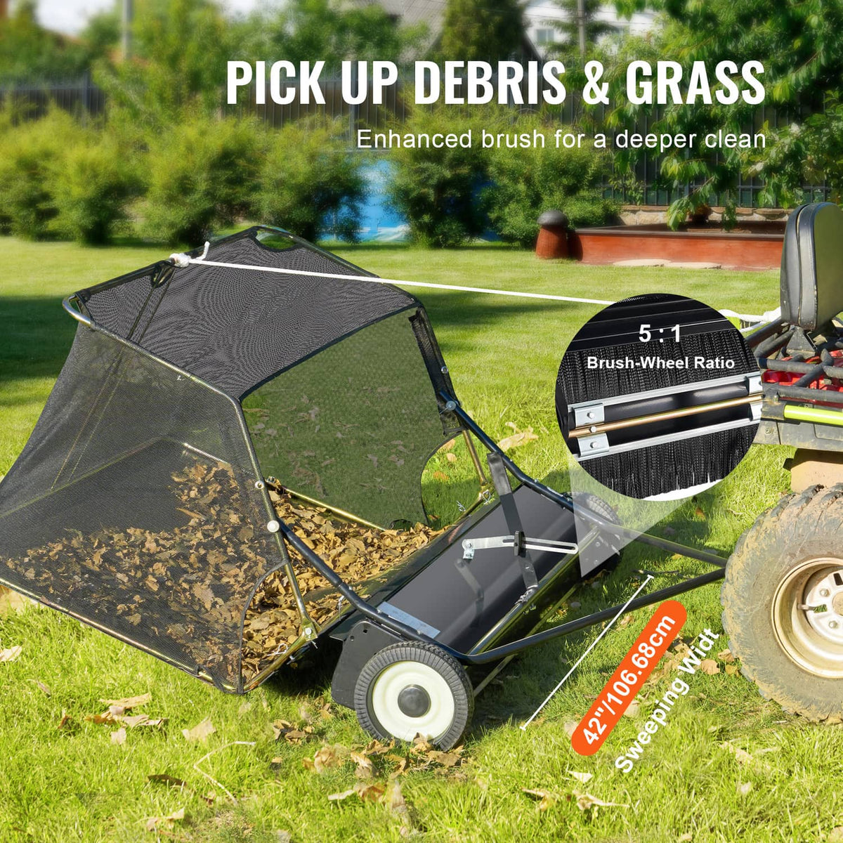 Tow-behind lawn sweeper front brush area with wide sweeping deck and mesh hopper