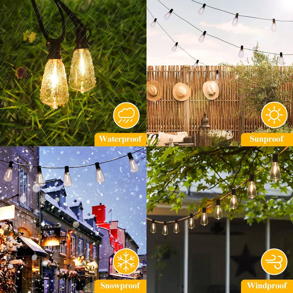Weatherproof outdoor string lights with warm white bulbs and black hanging cords