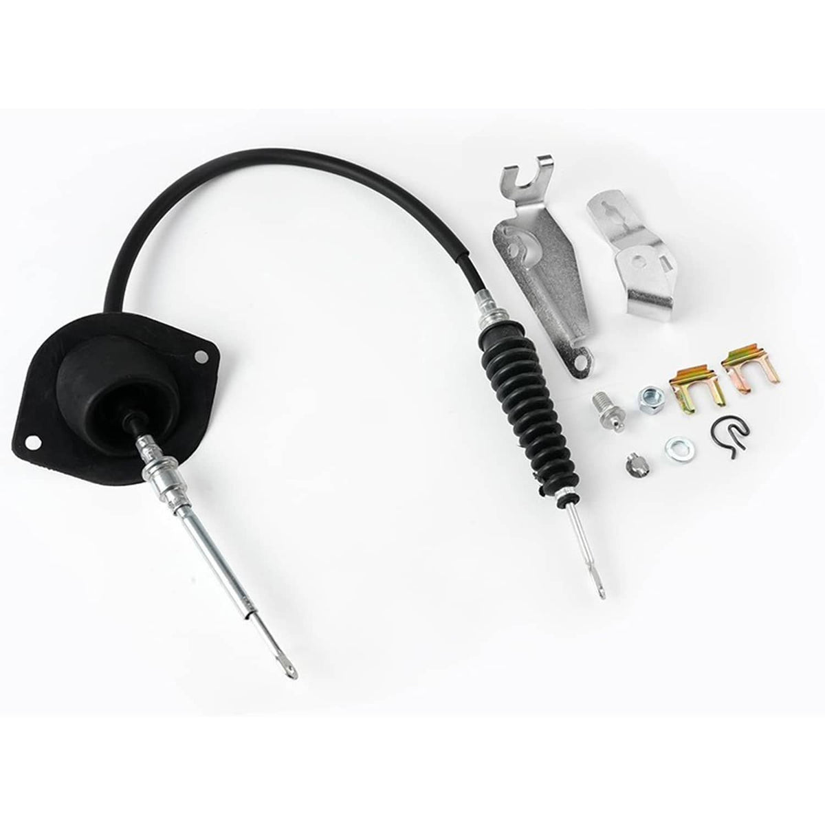 Transmission shift cable assembly with black boot and coiled spring, plus bracket set