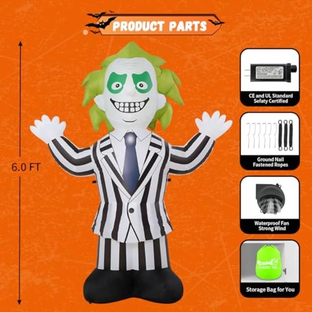 6 ft Halloween inflatable weirdo suit figure, green hair, striped coat, blue tie, black base