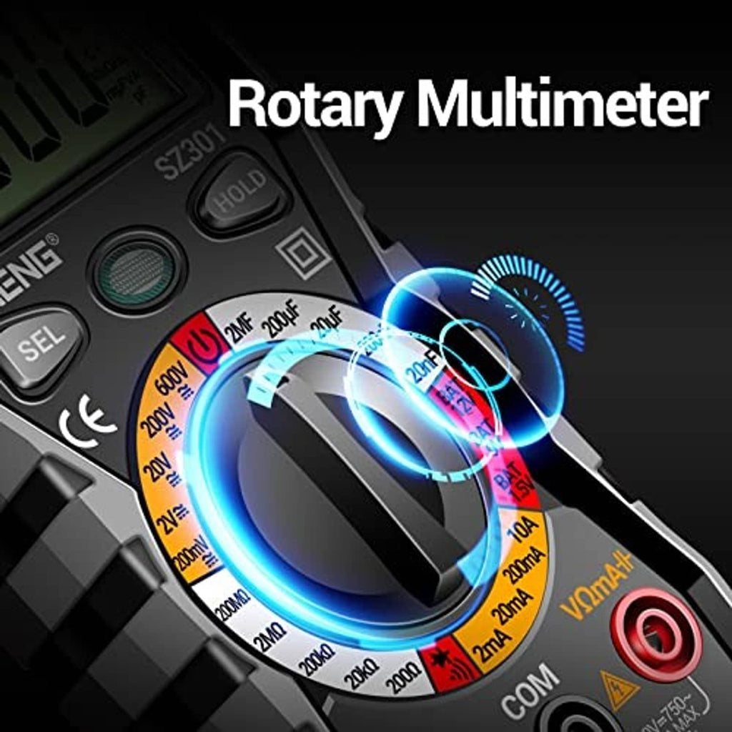 Close-up of a black digital multimeter’s rotary dial and selector buttons