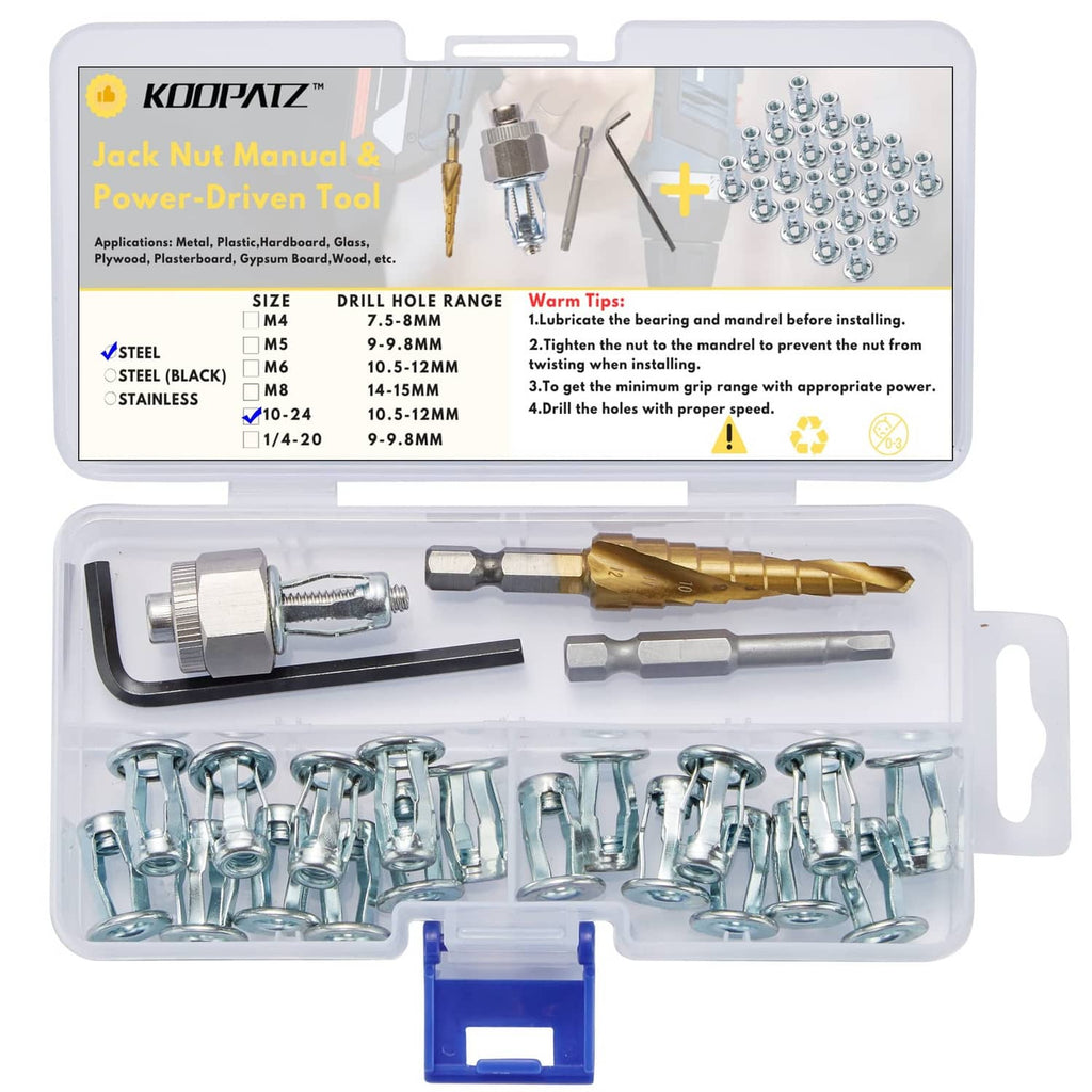 Steel jack nut rivet set with tool and assorted plated nuts in storage case