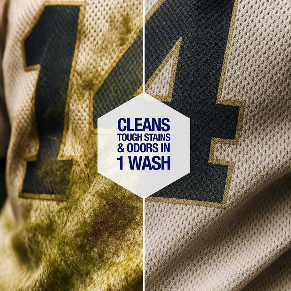 Workout fabric stained and odor-marked, intended for deep cleaning in one wash