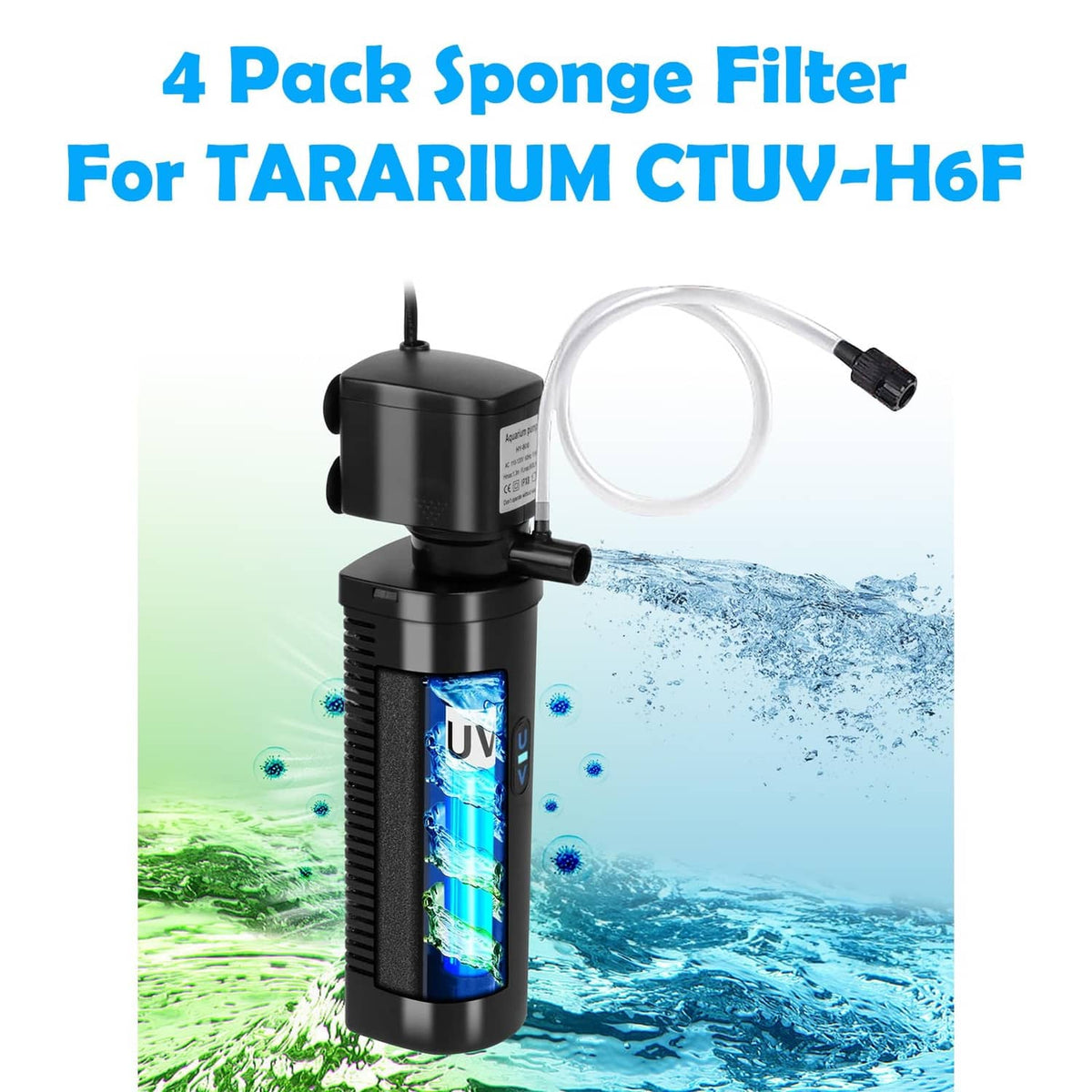 Aquarium sponge filter with UV canister, power cord, and clear tubing