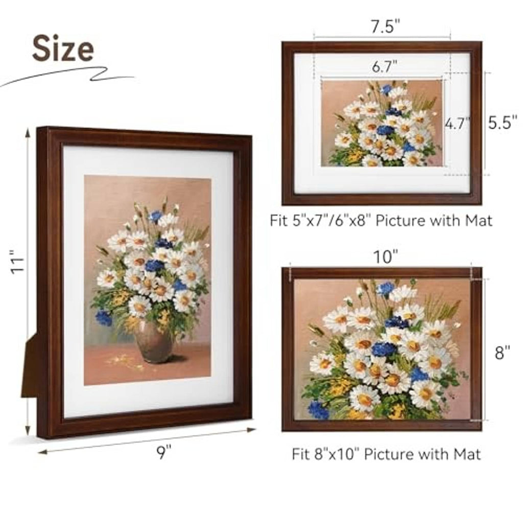 Walnut 8x10 picture frame with mat and clear glass, size fit diagram