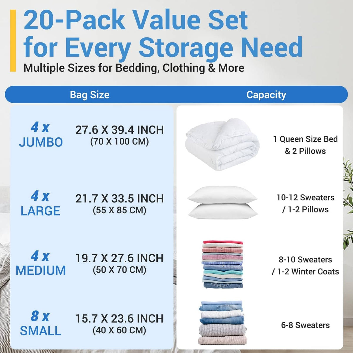 20-pack vacuum storage bags set with multiple sizes for bedding and clothing storage