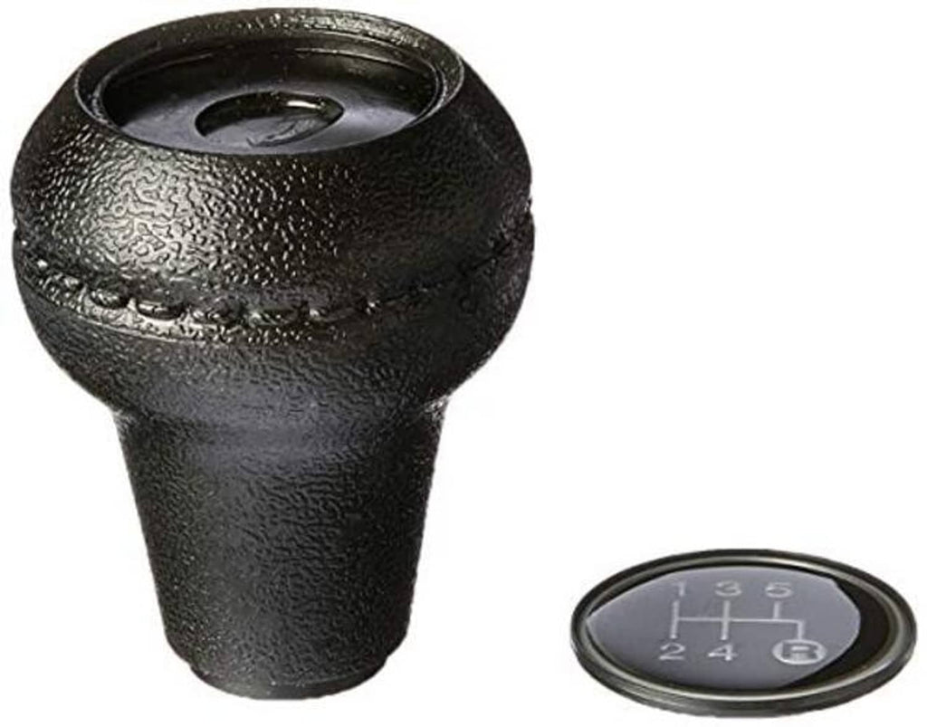 Black textured manual shift knob with stitched seam and gear-number insert plate