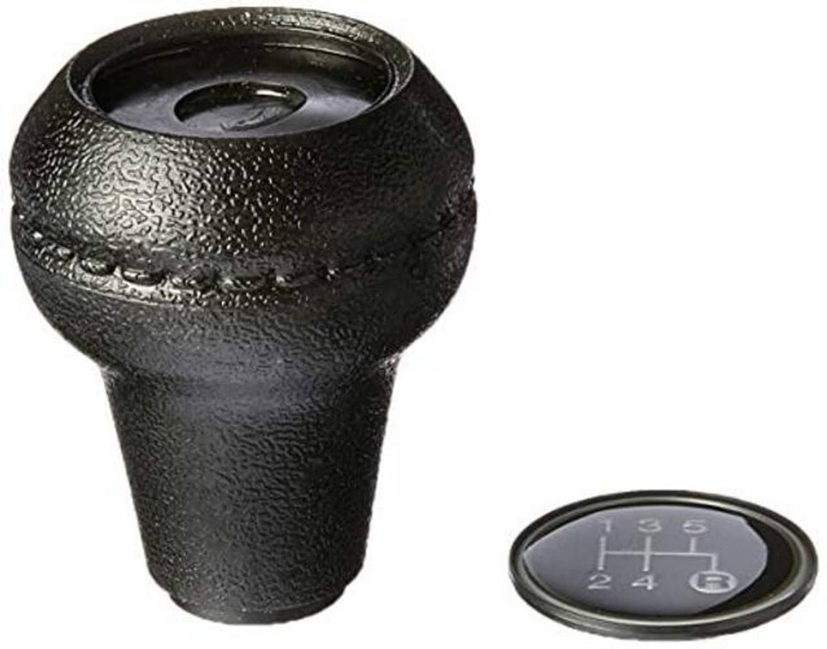 Black textured manual shift knob with stitched seam and gear-number insert plate