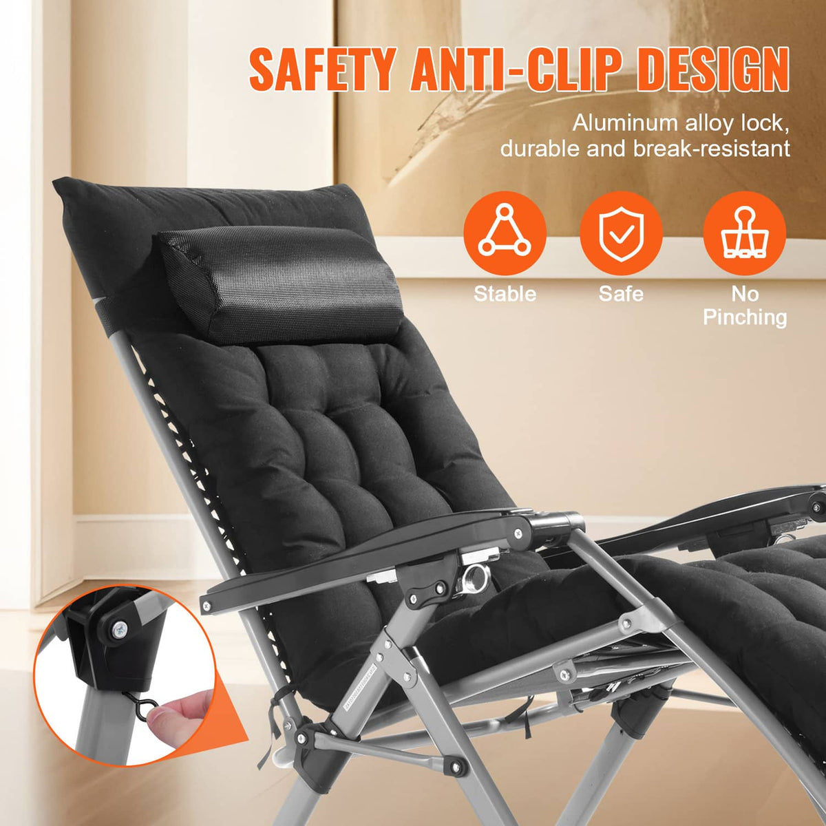 Black zero-gravity recliner chair with safety anti-clip lock on metal frame