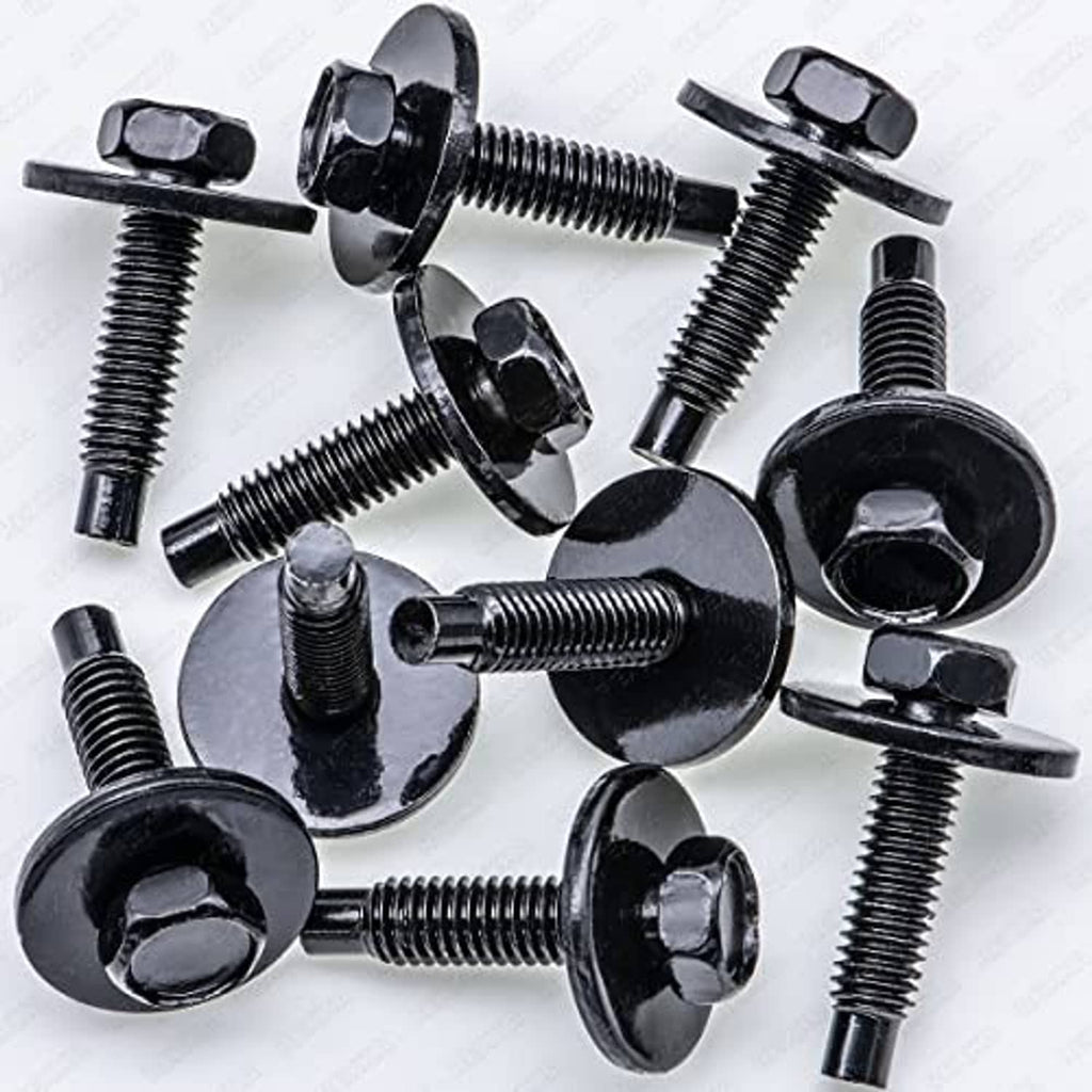 Assorted black hex-head SEMS body bolts with flange washers and threaded shafts