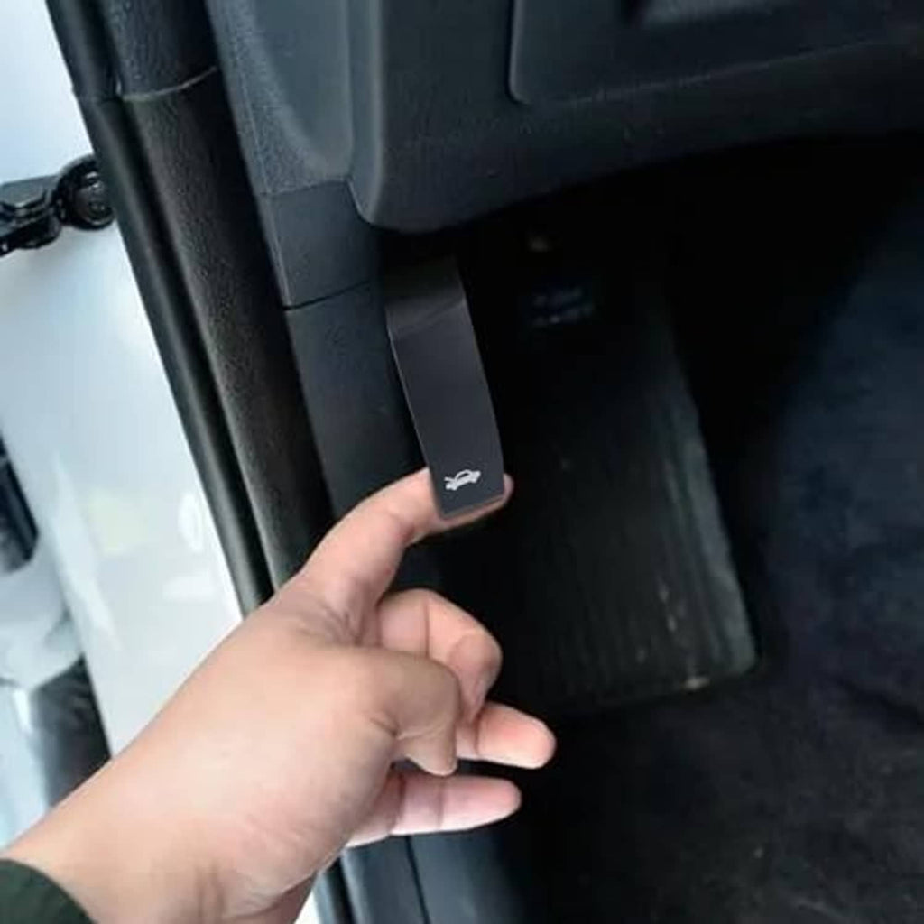 Black hood release lever with airplane emblem on vehicle door panel