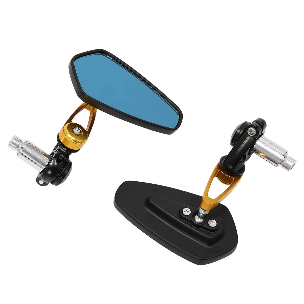 Motorcycle bar-end side mirrors pair with blue glass, black housings, gold accents