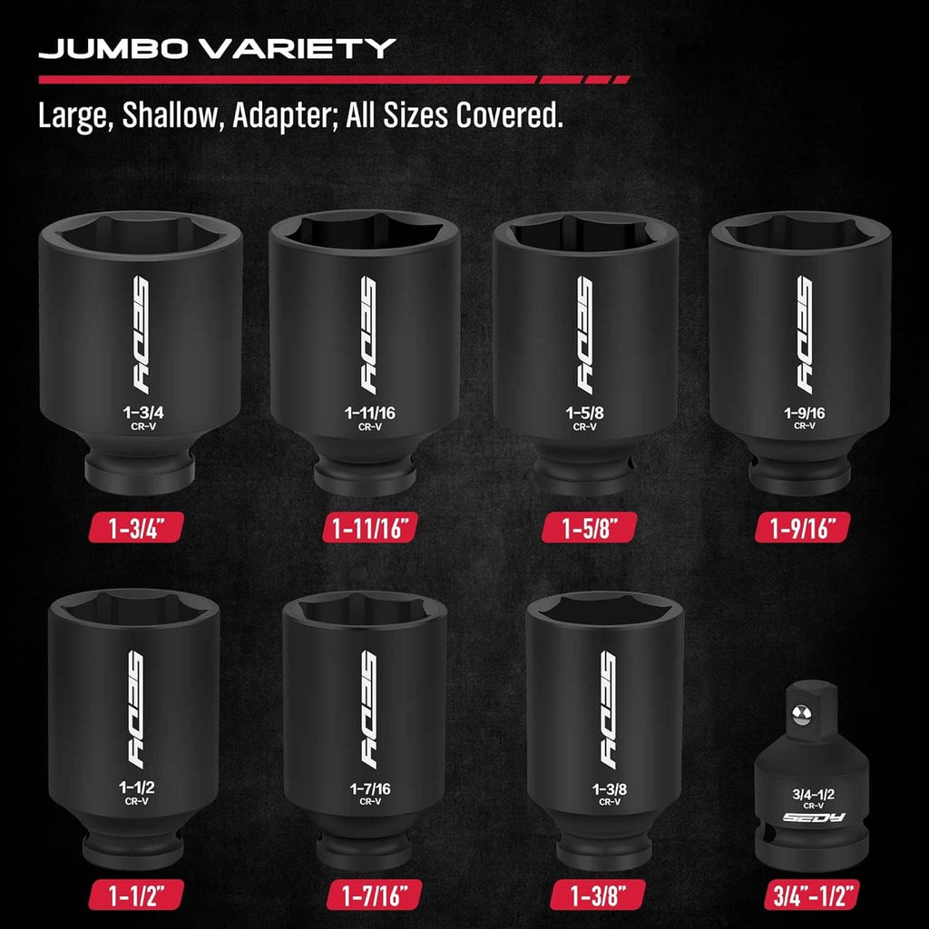 Set of black deep impact sockets with stamped sizes, 8-piece assortment