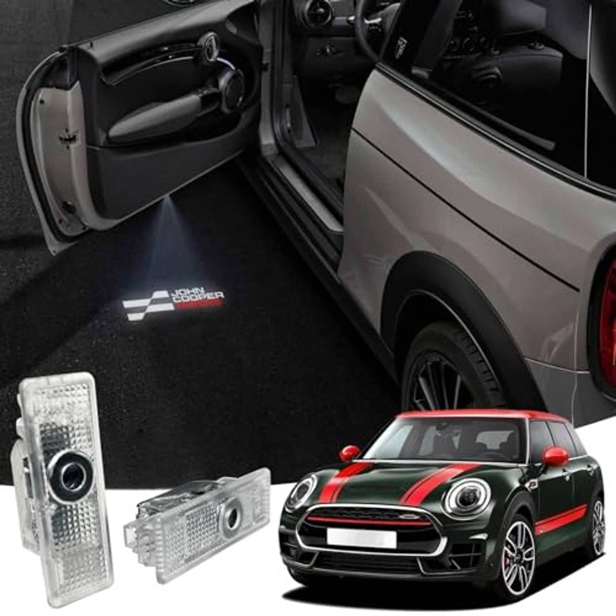 Two-piece clear LED car door projector lights near open door for installation