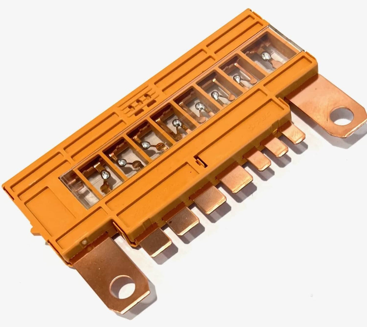 Automotive fuse link block with multiple terminals and clear fuse windows, orange housing