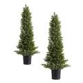 Artificial cedar topiary tree set in dark plastic pot, green needles, two sizes shown