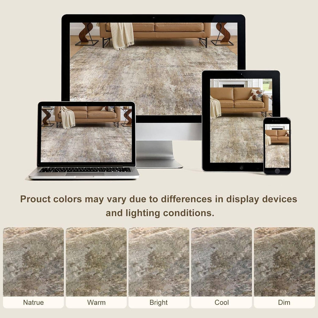 Area rug color swatches: natural, warm, bright, cool, dim in beige/gray tones