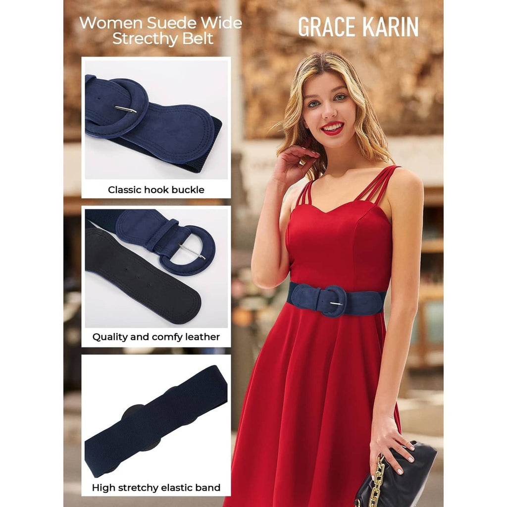 Navy suede wide elastic belt with classic hook buckle detail