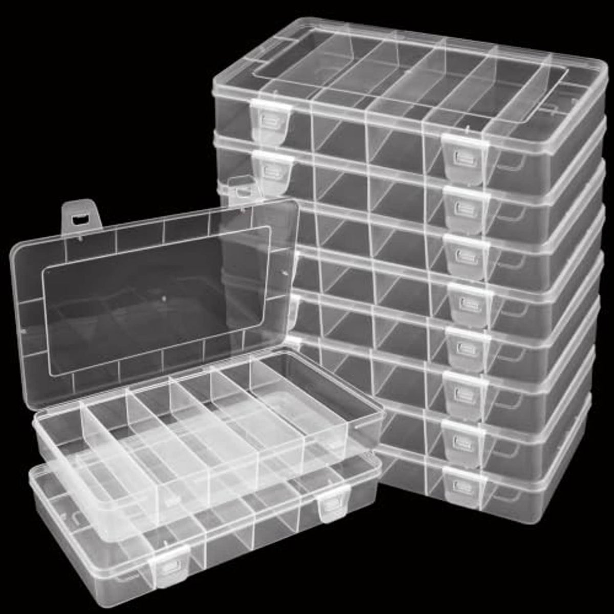 Transparent tackle box organizer with open compartment tray and stacked drawers, snap latches