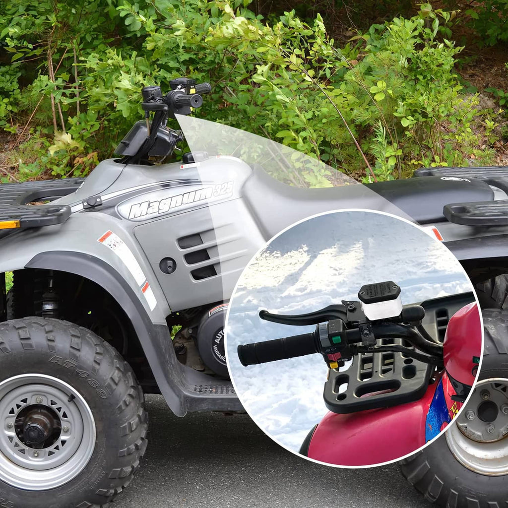Front brake master cylinder mounted on ATV handlebar with black brake lever