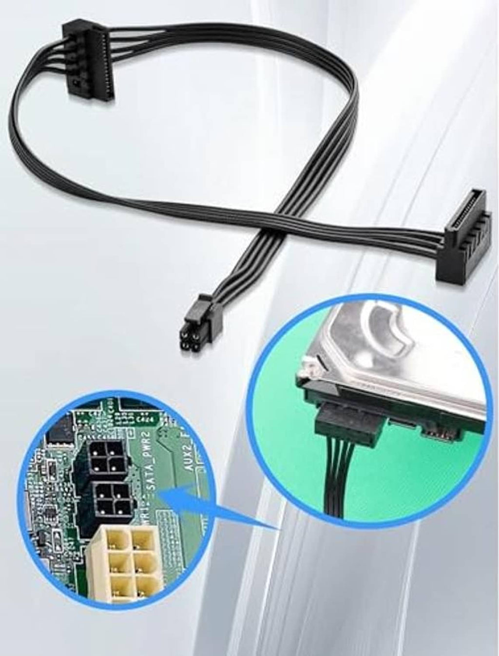 Adapter cable close-up showing SATA power connector ends and pin assembly