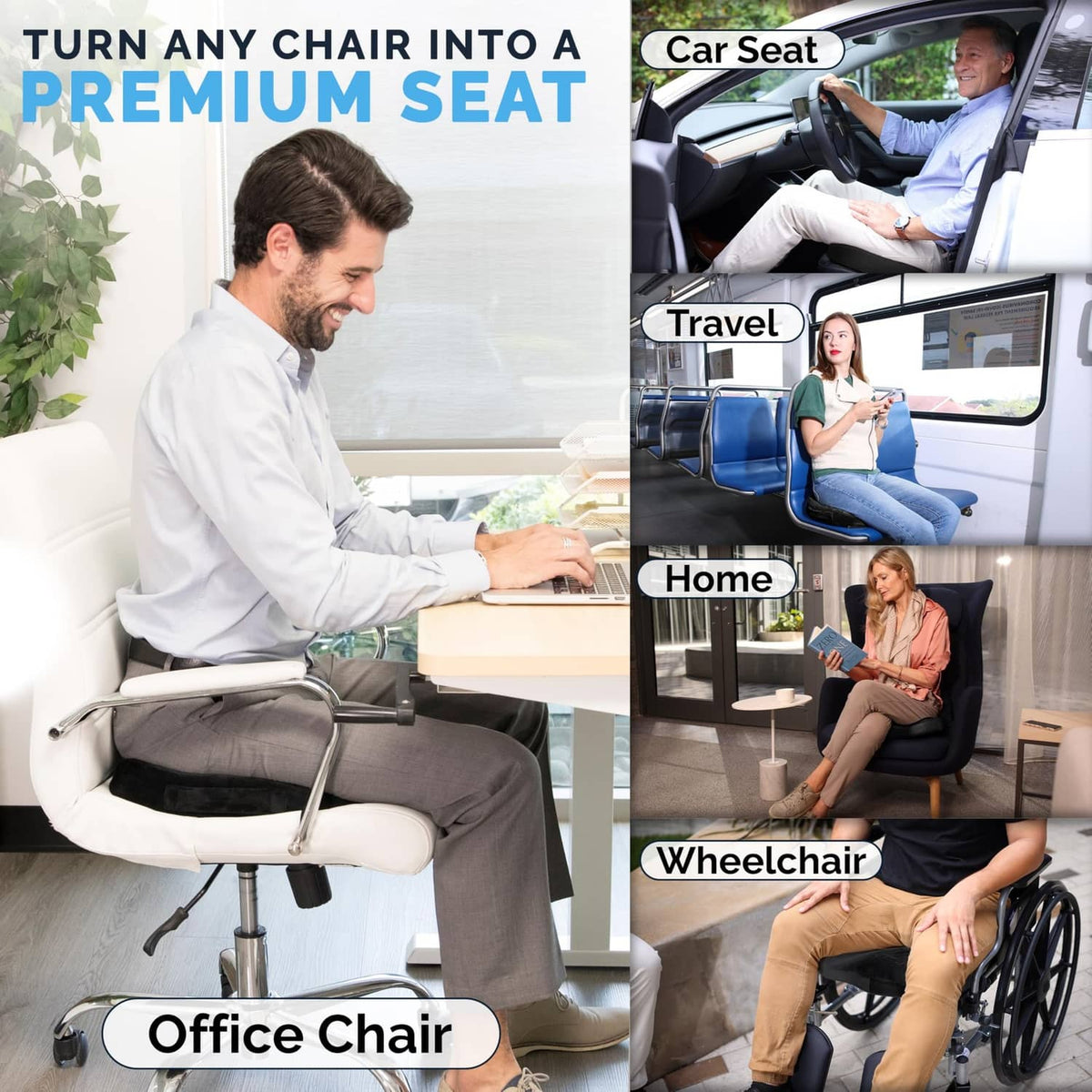 Black contoured gel seat cushion on an office chair, shown with other use scenarios