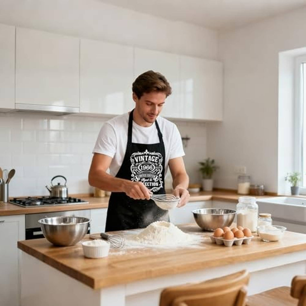 Black apron with adjustable neck strap, worn while preparing food; vintage front logo.