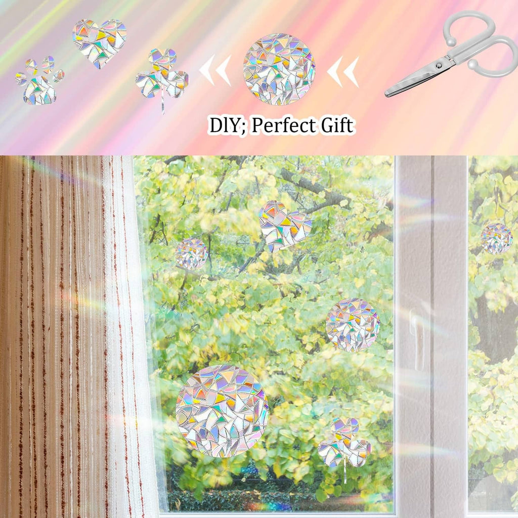 Colorful prism mosaic window decals on a large window, including small circular pieces